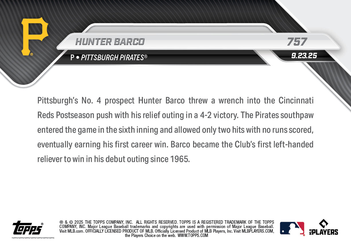 Hunter Barco - 2025 MLB Topps NOW - Card 757 - PR: 827 - Image 2