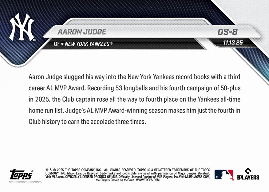 Aaron Judge - 2025 MLB Topps NOW - Card OS-8 - PR: 25,144 - Image 3