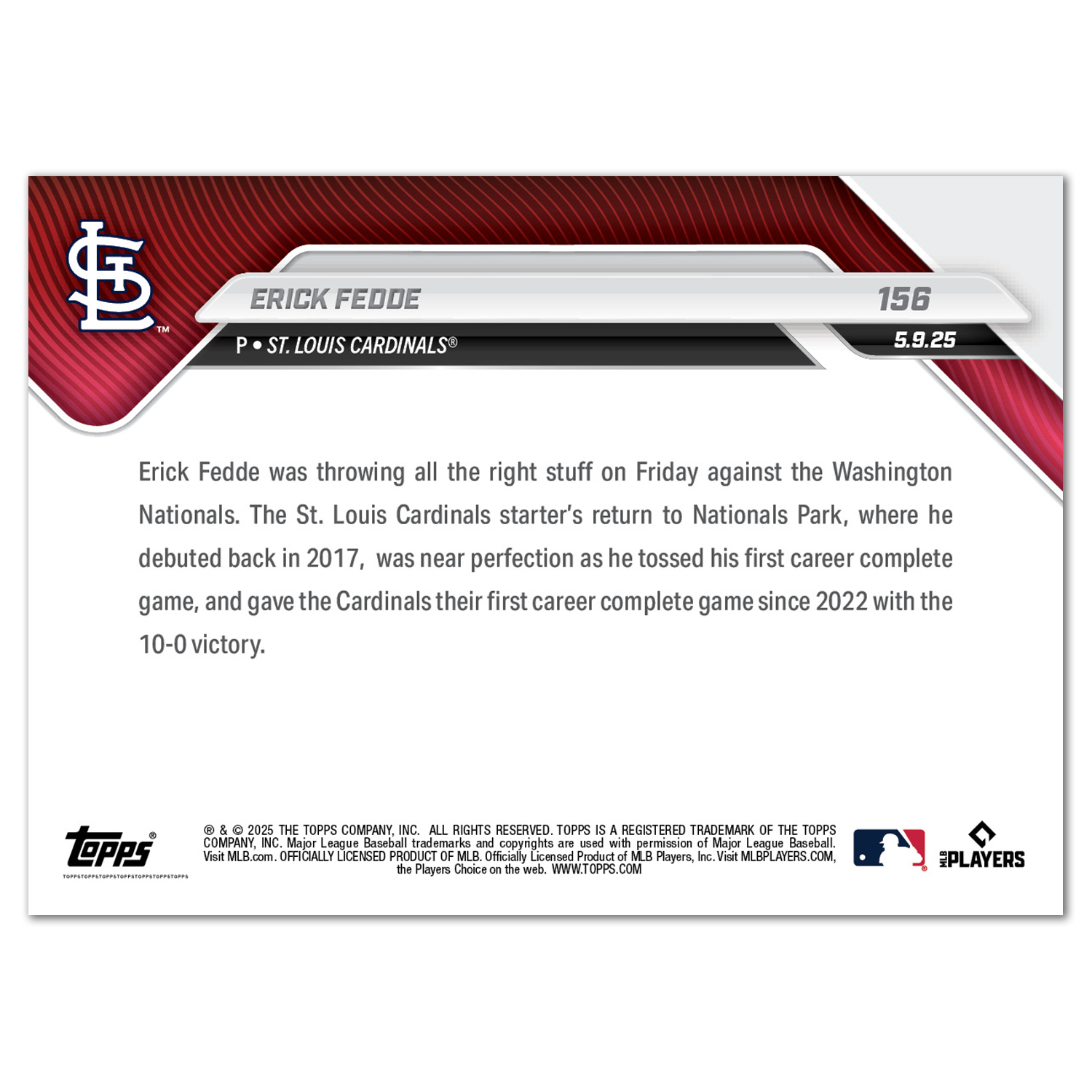 Erick Fedde - 2025 MLB Topps NOW - Card 156 - PR: 420 - Image 2