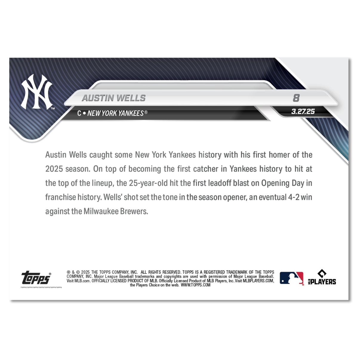 Austin Wells - 2025 MLB Topps NOW - Card 8 - PR: 2348 - Image 2