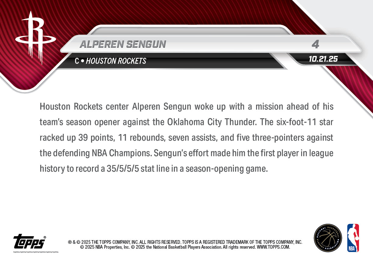 Alternative view of Alperen Sengun - 2025-26 NBA Topps NOW - Card 4 - PR: 1135