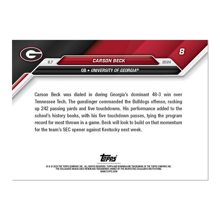 Carson Beck - 2024 Bowman U NOW Football Card 8 - PR: 2004 - Image 2