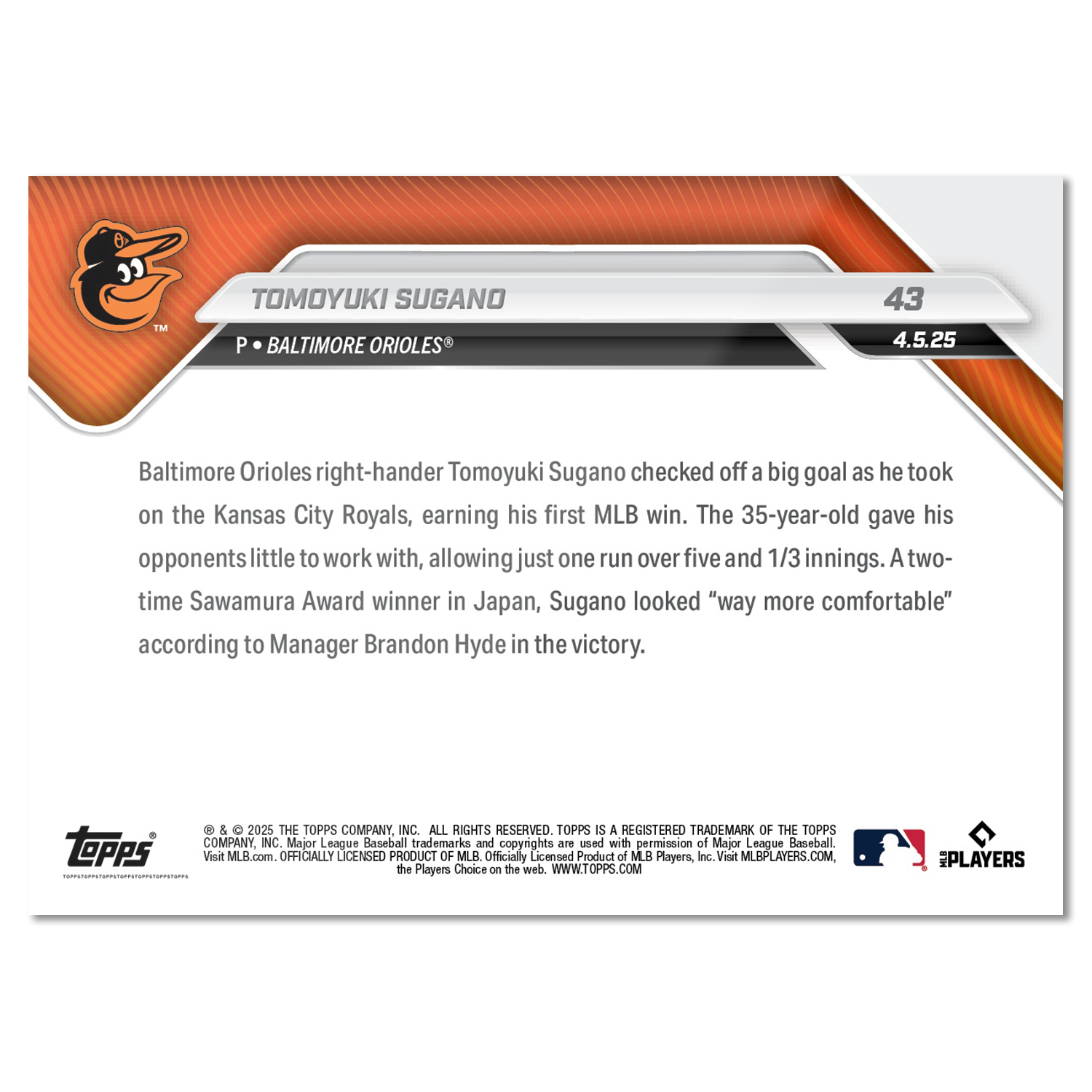 Tomoyuki Sugano - 2025 MLB Topps NOW - Card 43 - PR: 1793 - Image 2