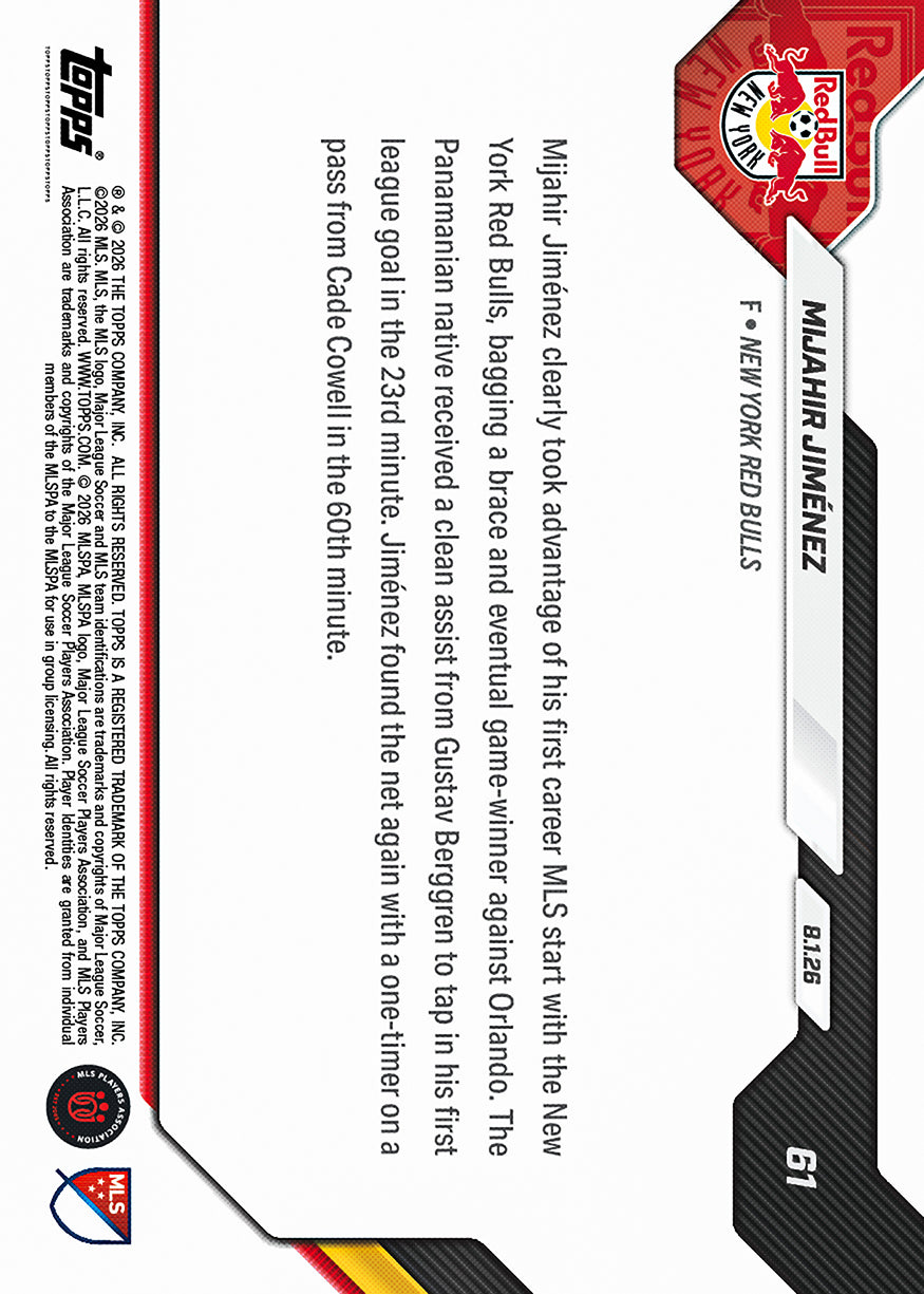 Mijahir Jiménez - 2026 MLS Topps NOW - Card 61 - PR: 814 - Image 2