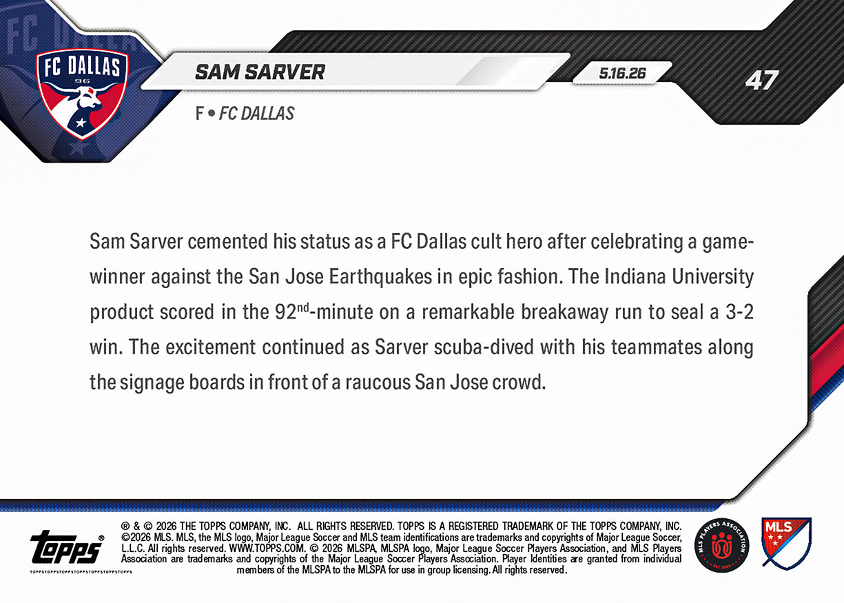 Sam Sarver - 2026 MLS Topps NOW - Card 47 - PR: 430 - Image 2