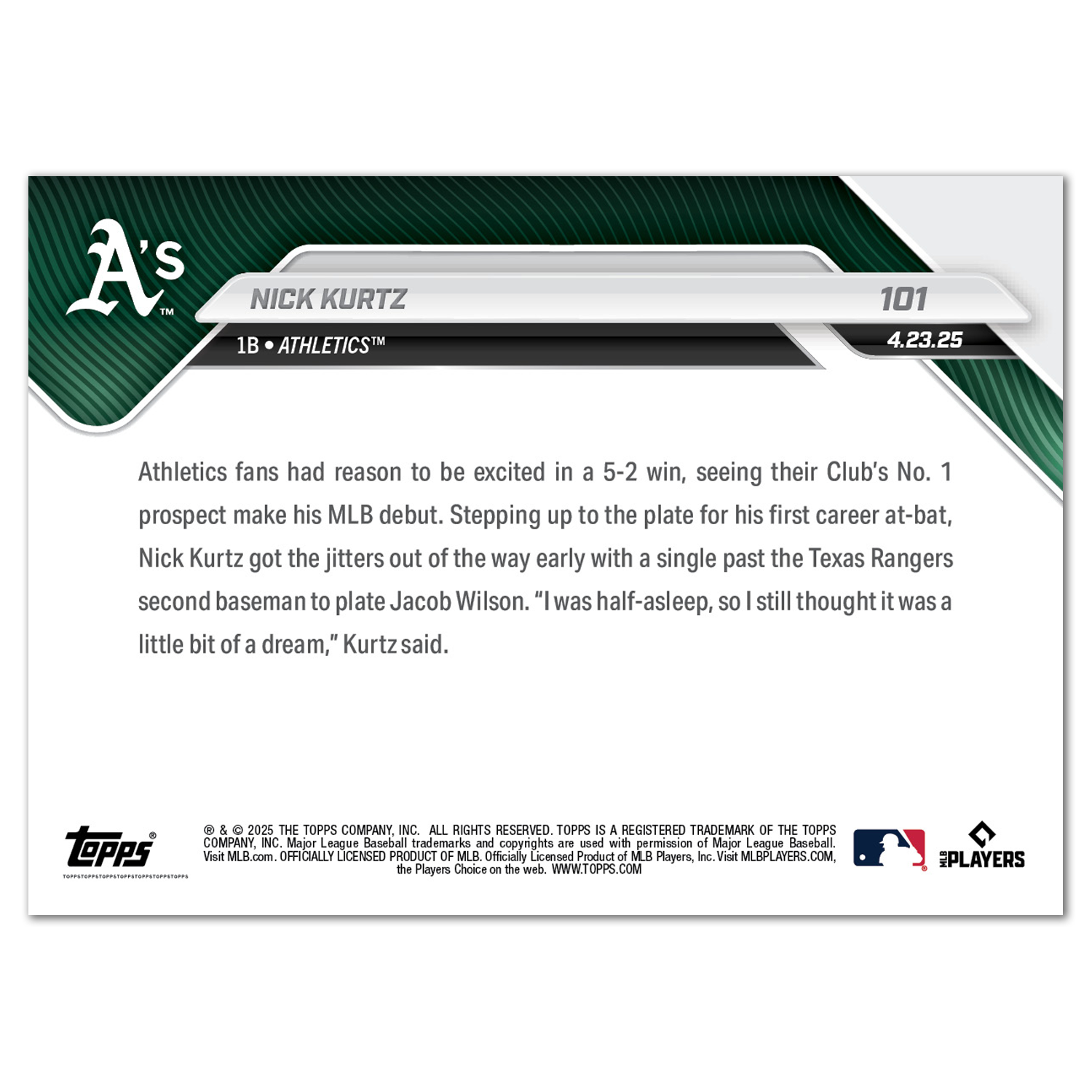 Nick Kurtz - 2025 MLB Topps NOW - Card 101 - PR: 3852 - Image 2