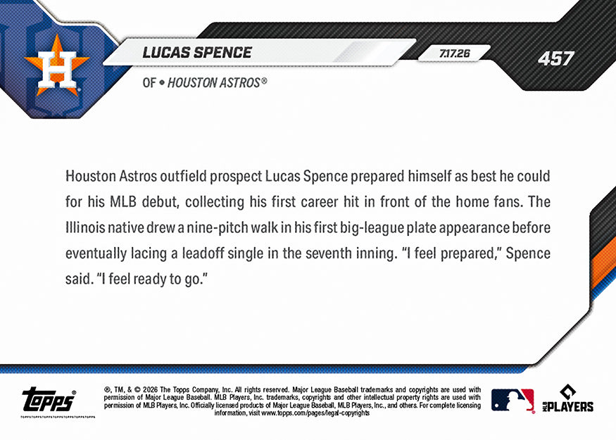 Lucas Spence - 2026 MLB Topps NOW - Card 457 - PR: 599 - Image 2