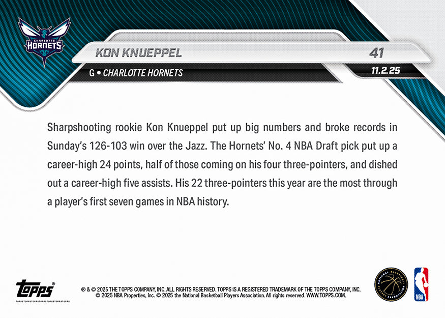 Kon Knueppel - 2025-26 NBA Topps NOW - Card 41 - PR: 898 - Image 2