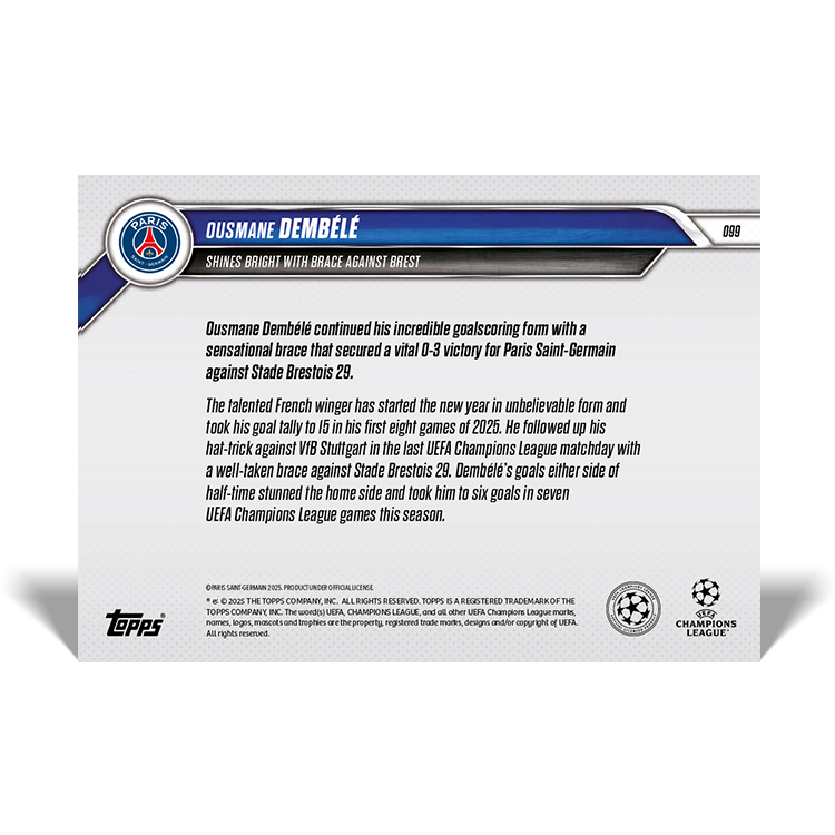 Ousmane Dembélé - Shines bright with brace against Brest - 24/25 UCL Topps NOW Card 99 - PR: 98 - Image 2