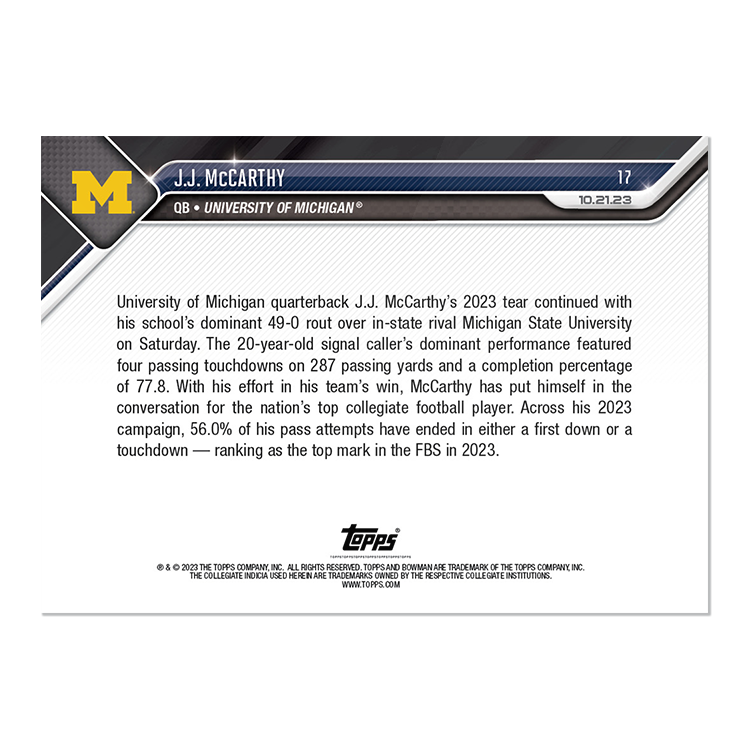 J.J. McCarthy - 2023 Bowman U NOW Football Card 17 - PR: 1889 - Image 2
