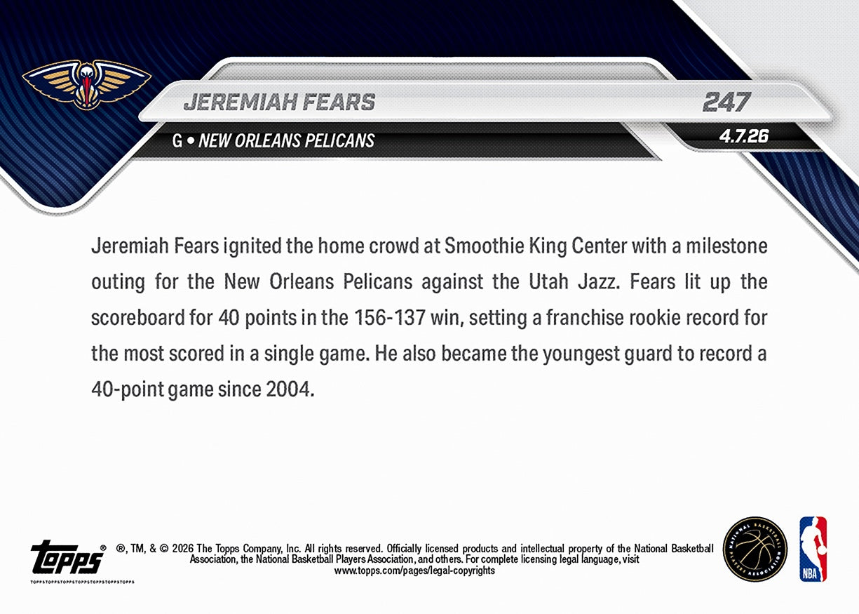 Jeremiah Fears - 2025-26 NBA Topps NOW - Card 247 - PR: 935 - Image 2