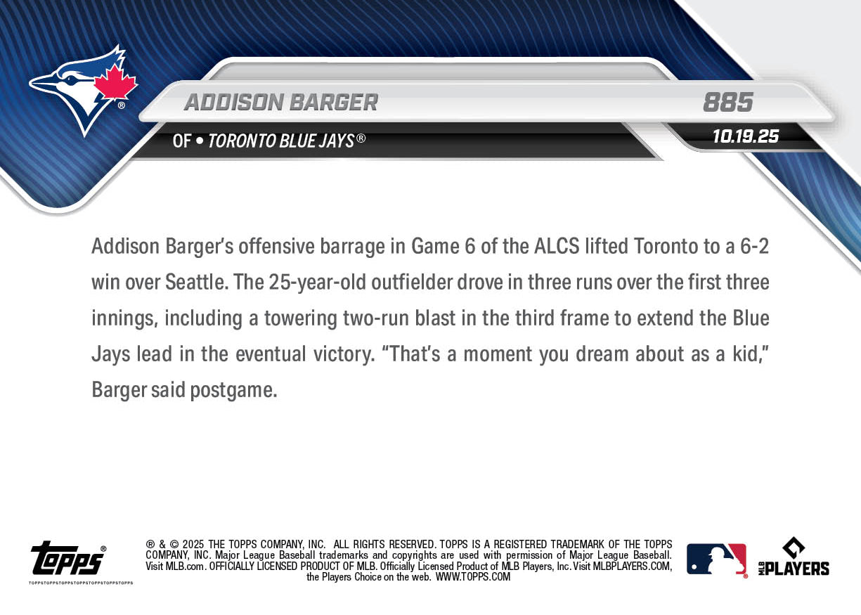 Alternative view of Addison Barger - 2025 MLB Topps NOW - Card 885 - PR: 770