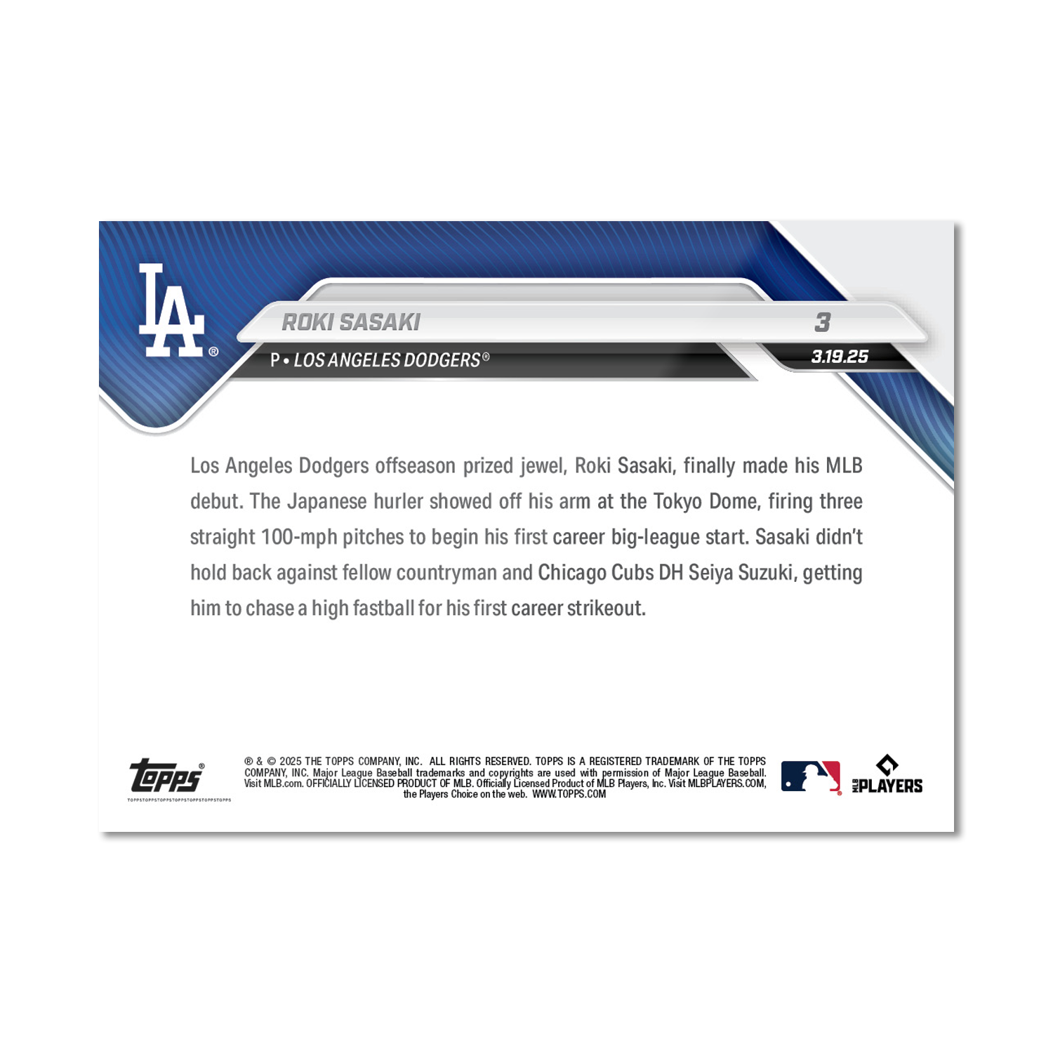 Roki Sasaki - 2025 MLB Topps NOW - Card 3 - PR: 22,456 - Image 2