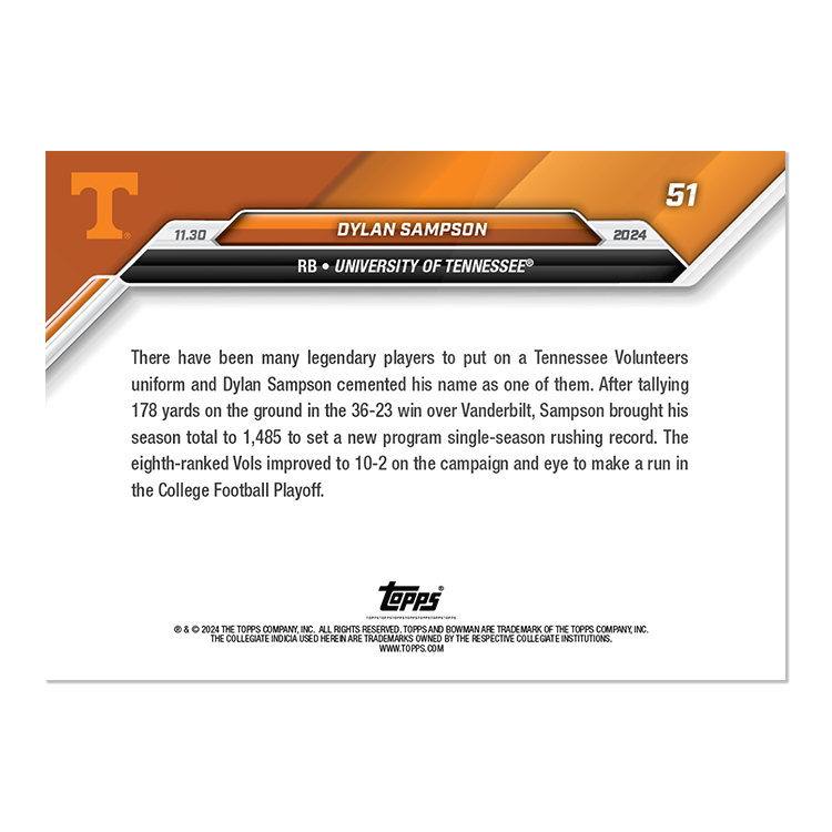Alternative view of Dylan Sampson - 2024 Bowman U NOW Football Card 51 - PR: 731