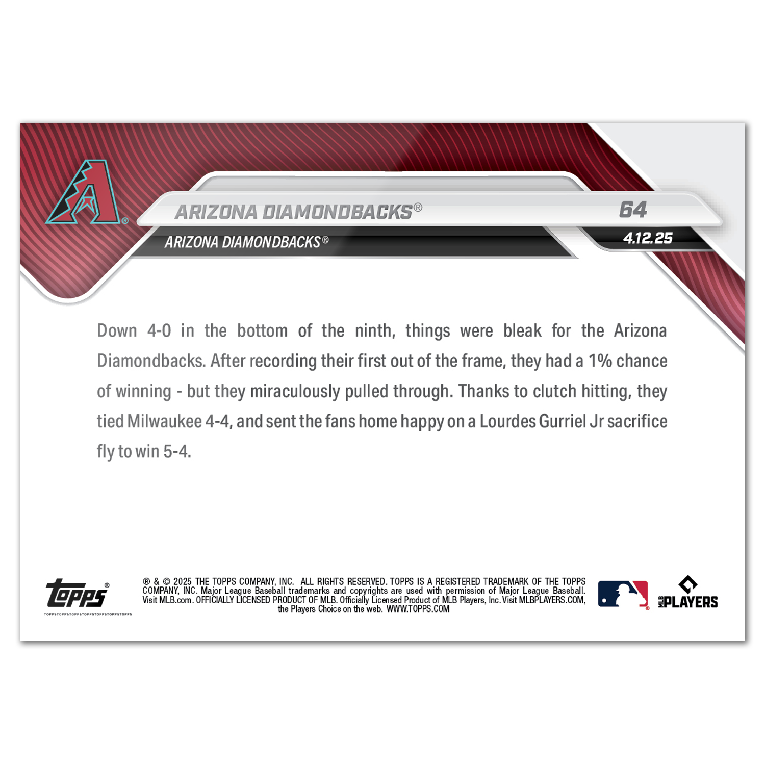 Arizona Diamondbacks - 2025 MLB Topps NOW - Card 64 - PR: 409 - Image 2