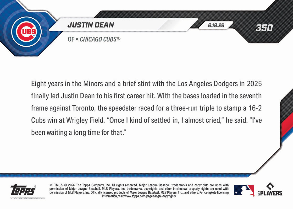 Justin Dean - 2026 MLB Topps NOW - Card 350 - PR: 659 - Image 2