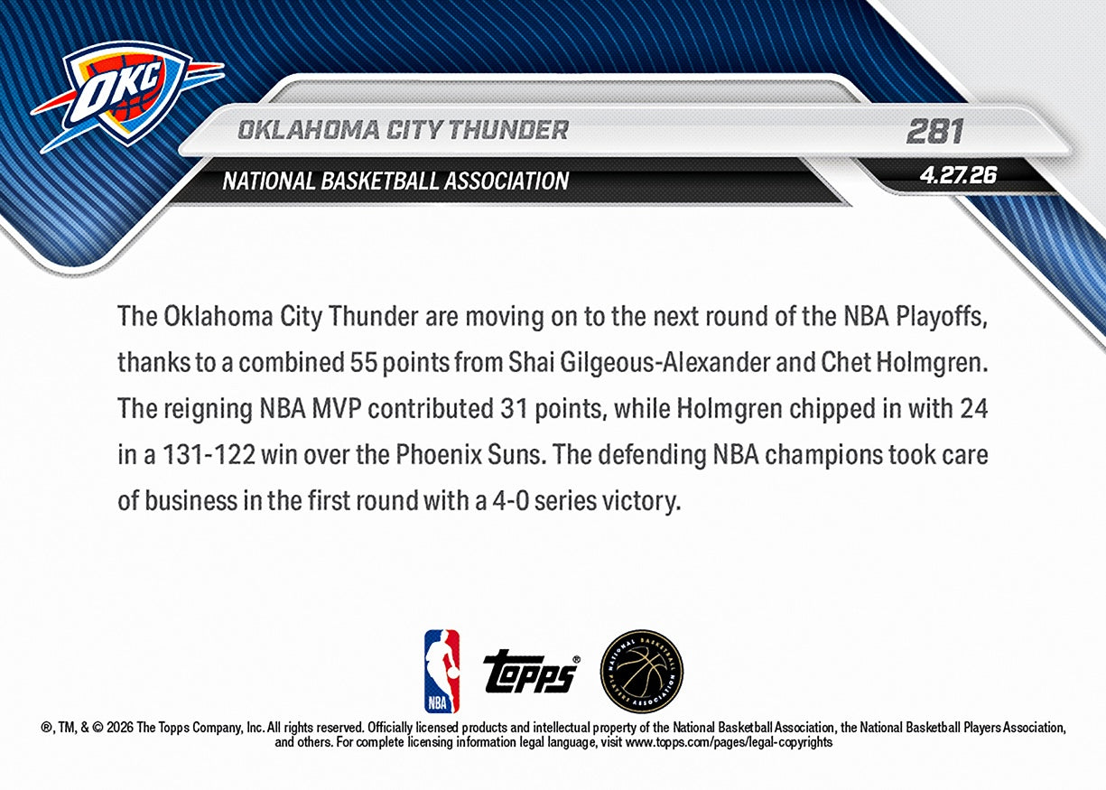 Oklahoma City Thunder - 2025-26 NBA Topps NOW - Card 281 - PR: 881 - Image 2