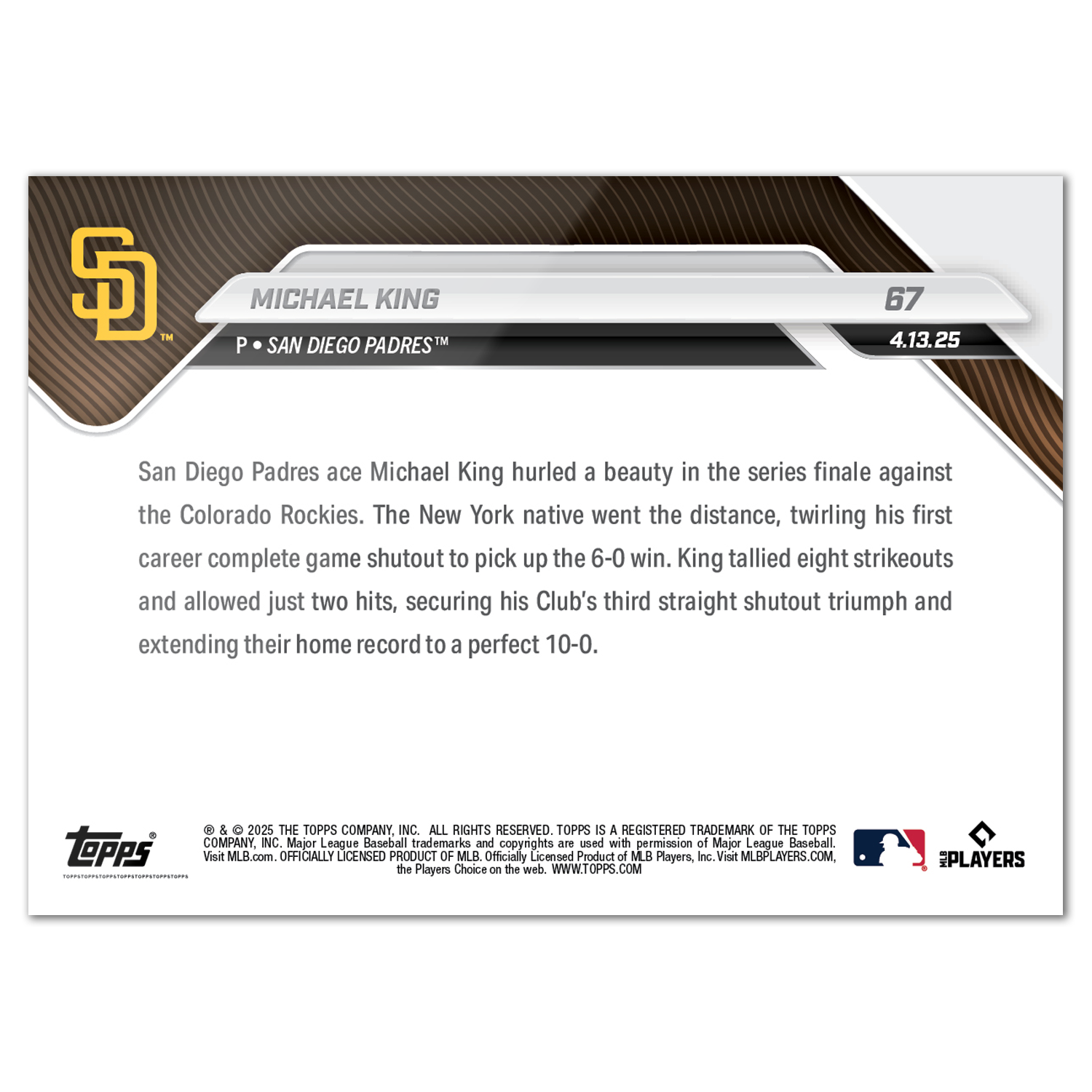 Michael King - 2025 MLB Topps NOW - Card 67 - PR: 578 - Image 2