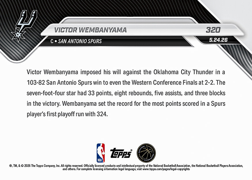 Alternative view of Victor Wembanyama - 2025-26 NBA Topps NOW - Card 320 - PR: 6900