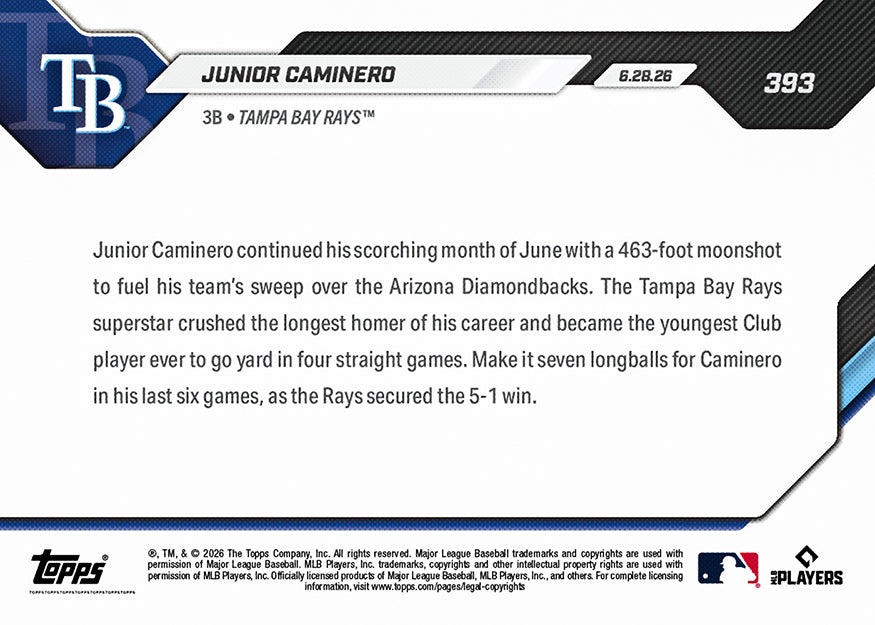 Junior Caminero - 2026 MLB Topps NOW - Card 393 - PR: 514 - Image 2