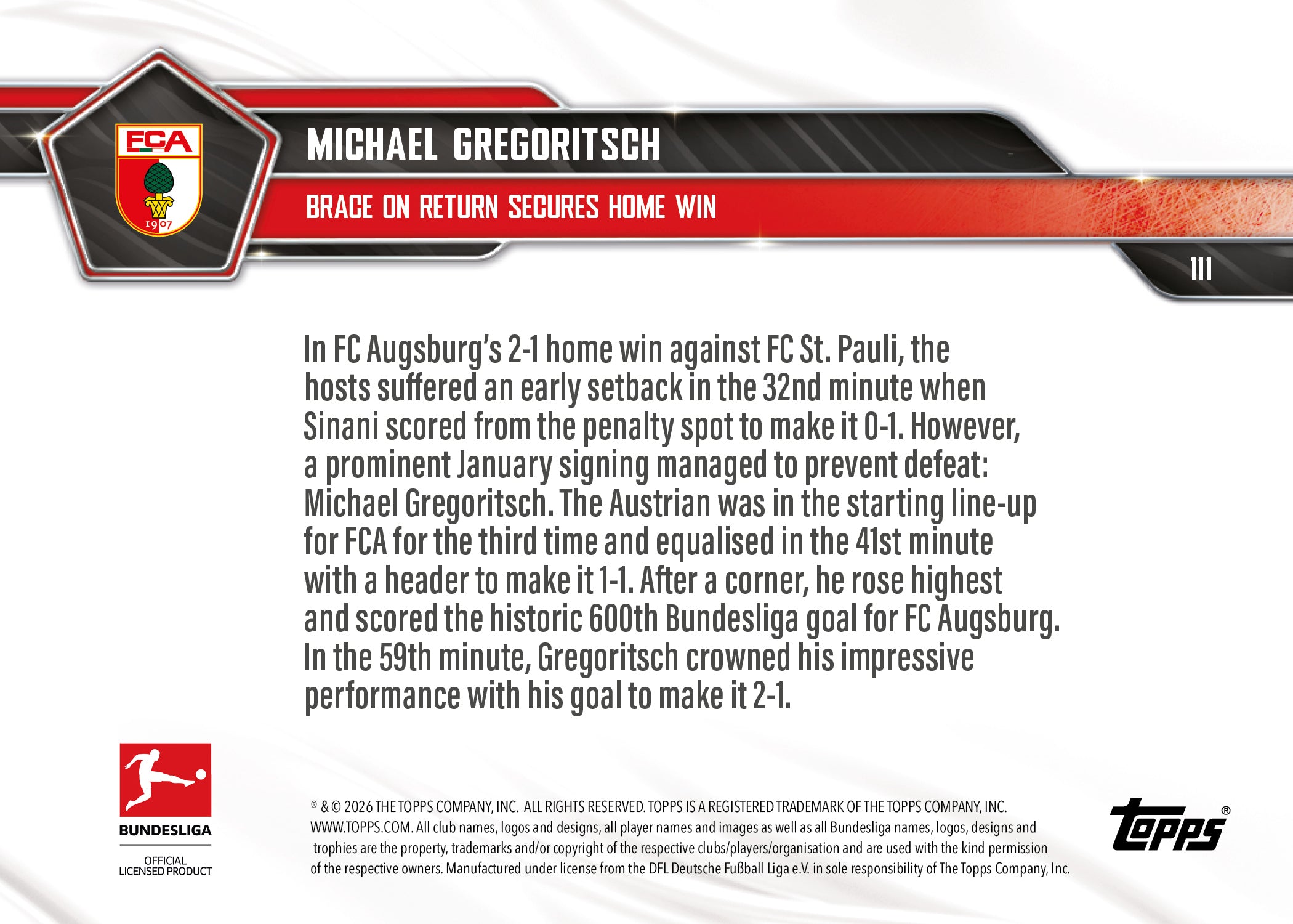 Michael Gregoritsch - 2025-26 Bundesliga Topps NOW - Card 111 - PR: 157 - Image 7
