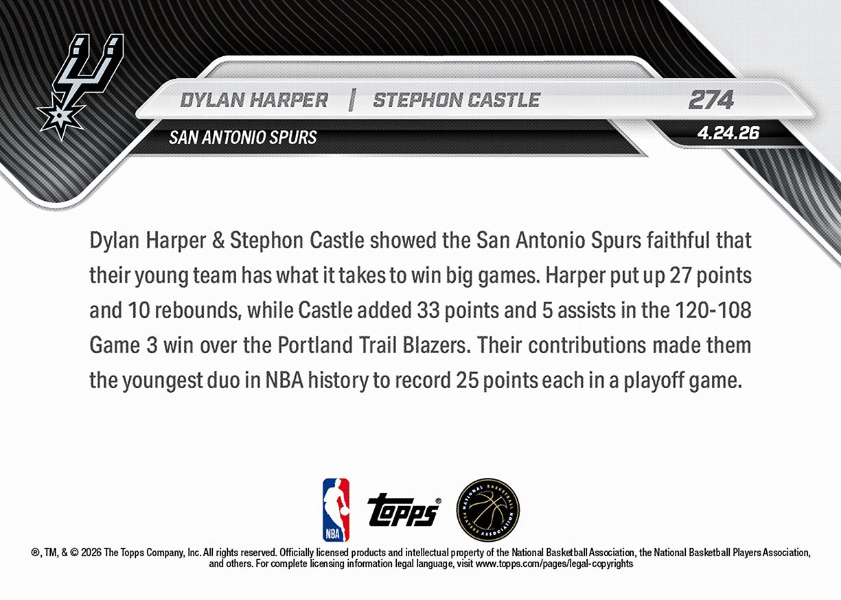 Dylan Harper / Stephon Castle - 2025-26 NBA Topps NOW - Card 274 - PR: 2401 - Image 2