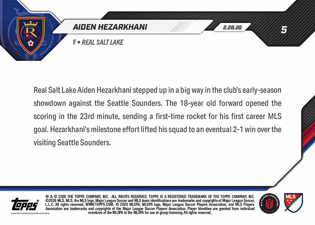 Alternative view of Aiden Hezarkhani - 2026 MLS Topps NOW - Card 5 - PR: 361