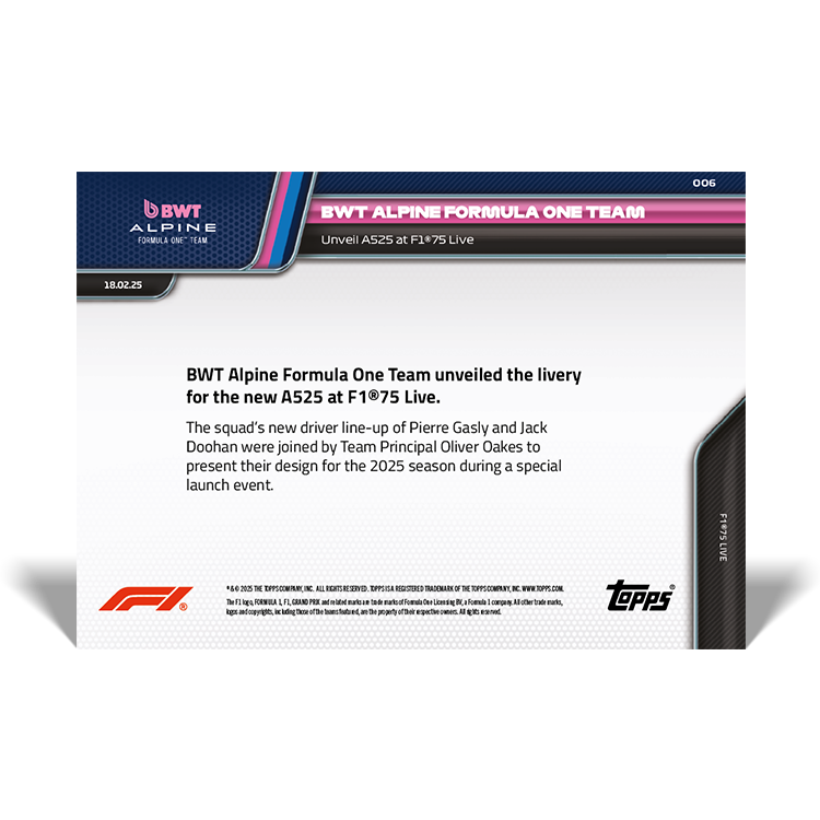 BWT Alpine Formula One Team - 2025 Formula 1 Topps NOW - Card 6 - PR: 614 - Image 2