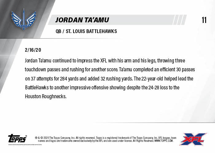Jordan Ta'amu - XFL TOPPS NOW Card 11 - Print Run: 259 - Image 2