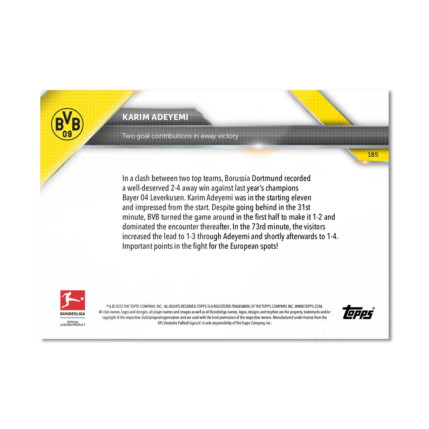 Karim Adeyemi - 2024-25 Bundesliga Topps NOW - Card 185 - PR: 140 - Image 7