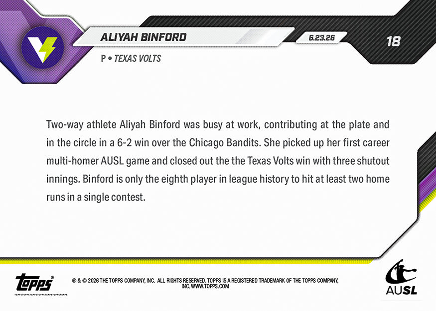 Alternative view of Aliyah Binford - 2026 AUSL Topps NOW - Card 18 - PR: 476