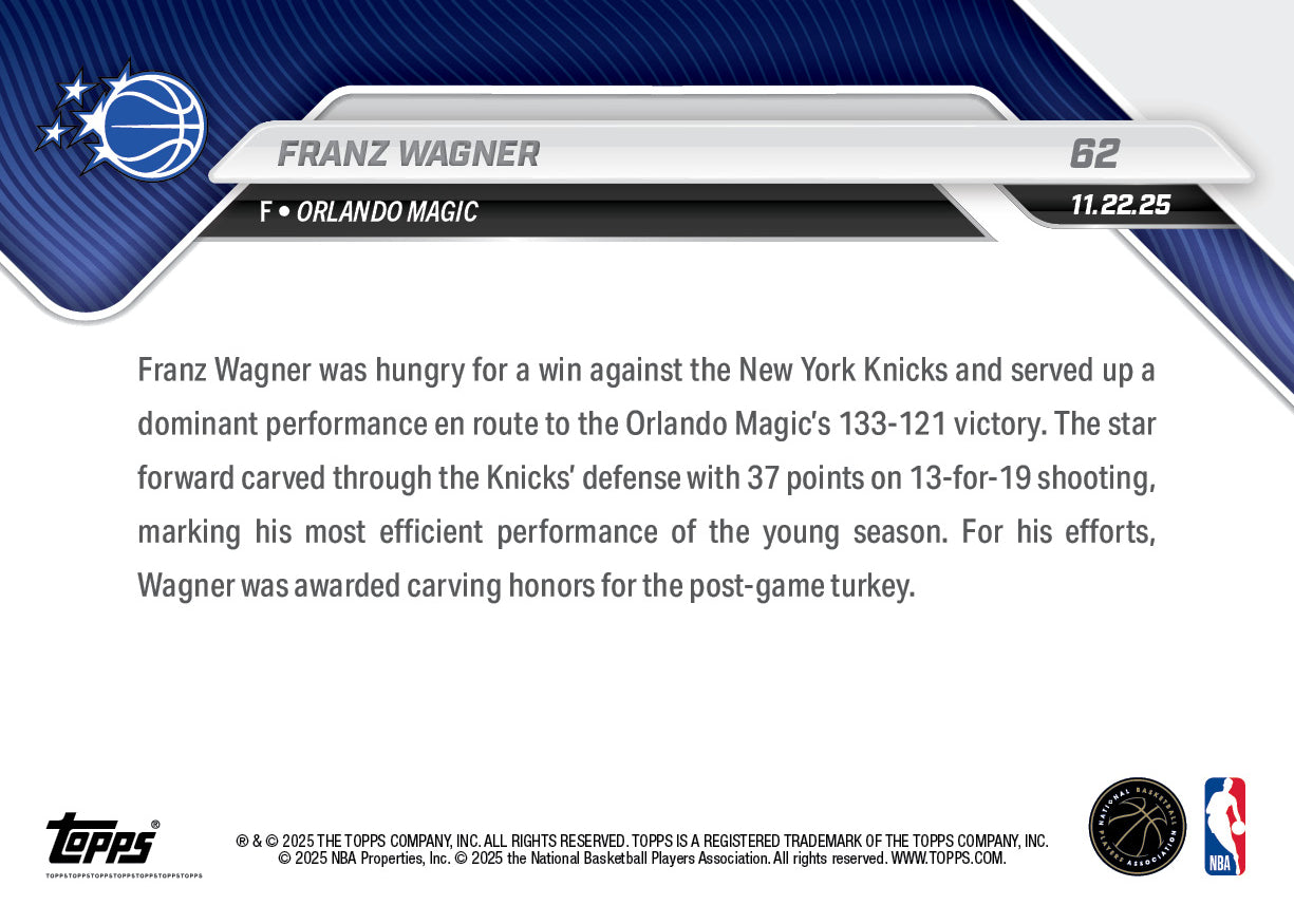 Franz Wagner - 2025-26 NBA Topps NOW - Card 62 - PR: 1042 - Image 3