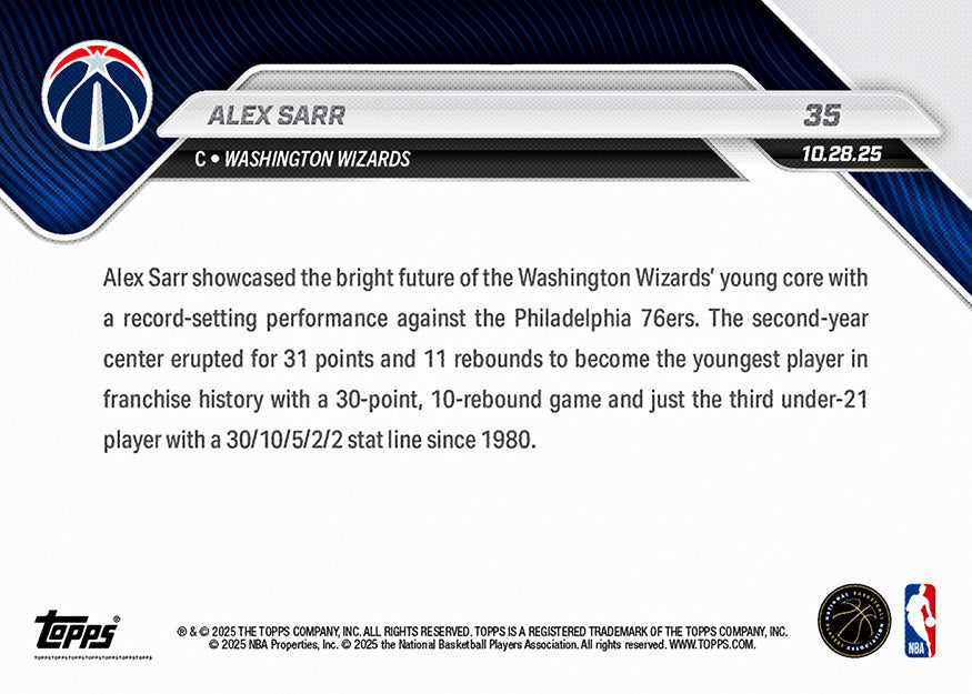 Alex Sarr - 2025-26 NBA Topps NOW - Card 35 - PR: 418 - Image 2