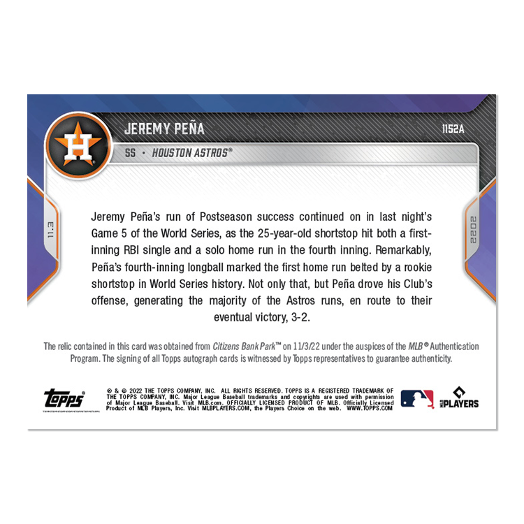 On-Card Auto-Relic # to 99 - Jeremy Peña - 2022 MLB TOPPS NOW Card 1152A - Image 2