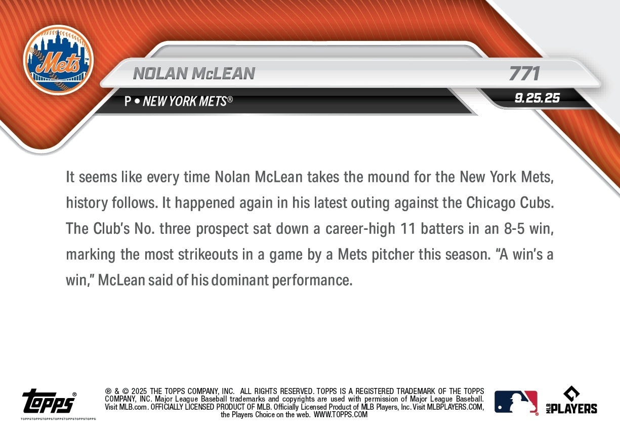 Nolan McLean - 2025 MLB Topps NOW - Card 771 - PR: 1344 - Image 2