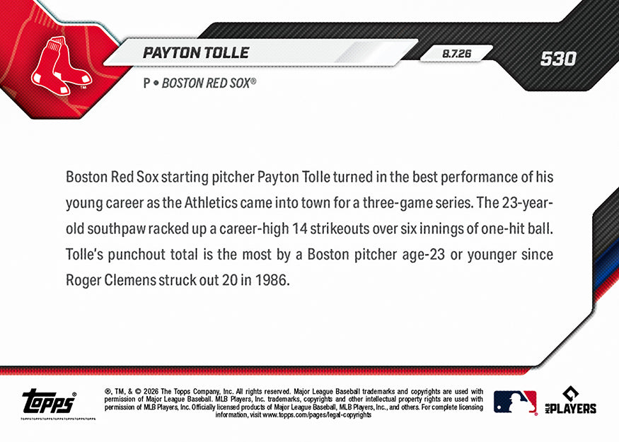 Payton Tolle - 2026 MLB Topps NOW - Card 530 - PR: 2544 - Image 2