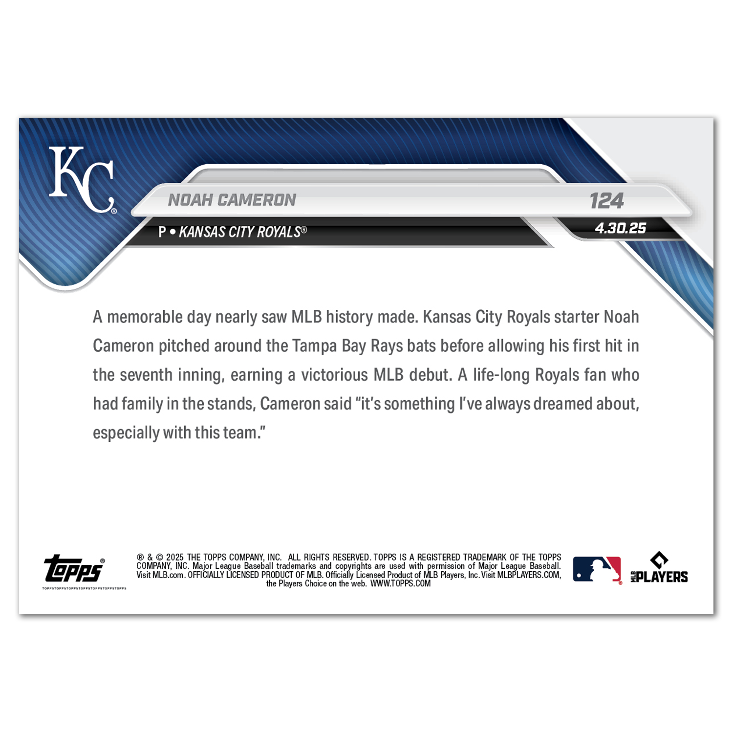 Noah Cameron - 2025 MLB Topps NOW - Card 124 - PR: 1127 - Image 2