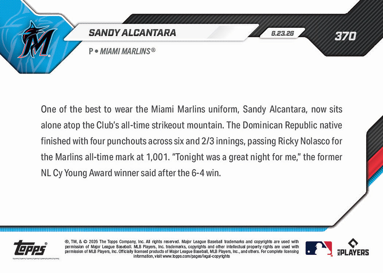 Sandy Alcantara - 2026 MLB Topps NOW - Card 370 - PR: 452 - Image 2