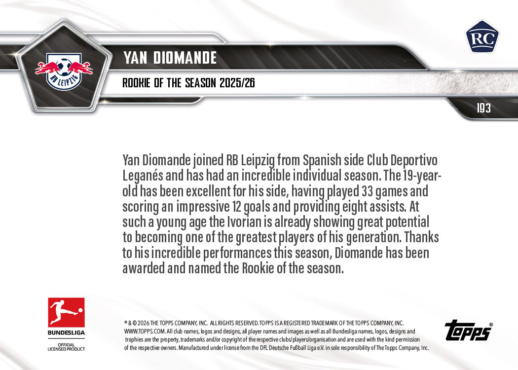 Yan Diomande - 2025-26 Bundesliga Topps NOW - Card 193 - PR: 3346 - Image 7