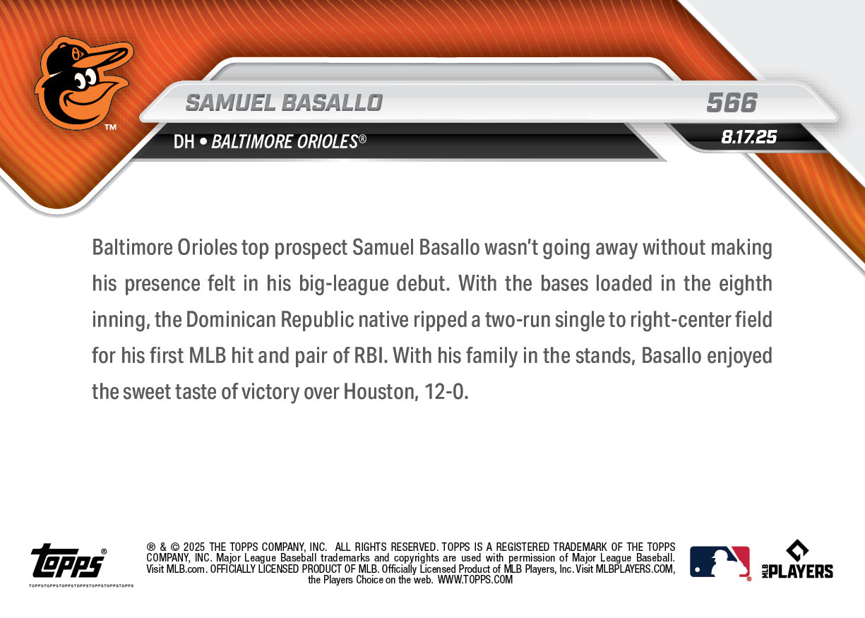 Samuel Basallo - 2025 MLB Topps NOW - Card 566 - PR: 3877 - Image 2