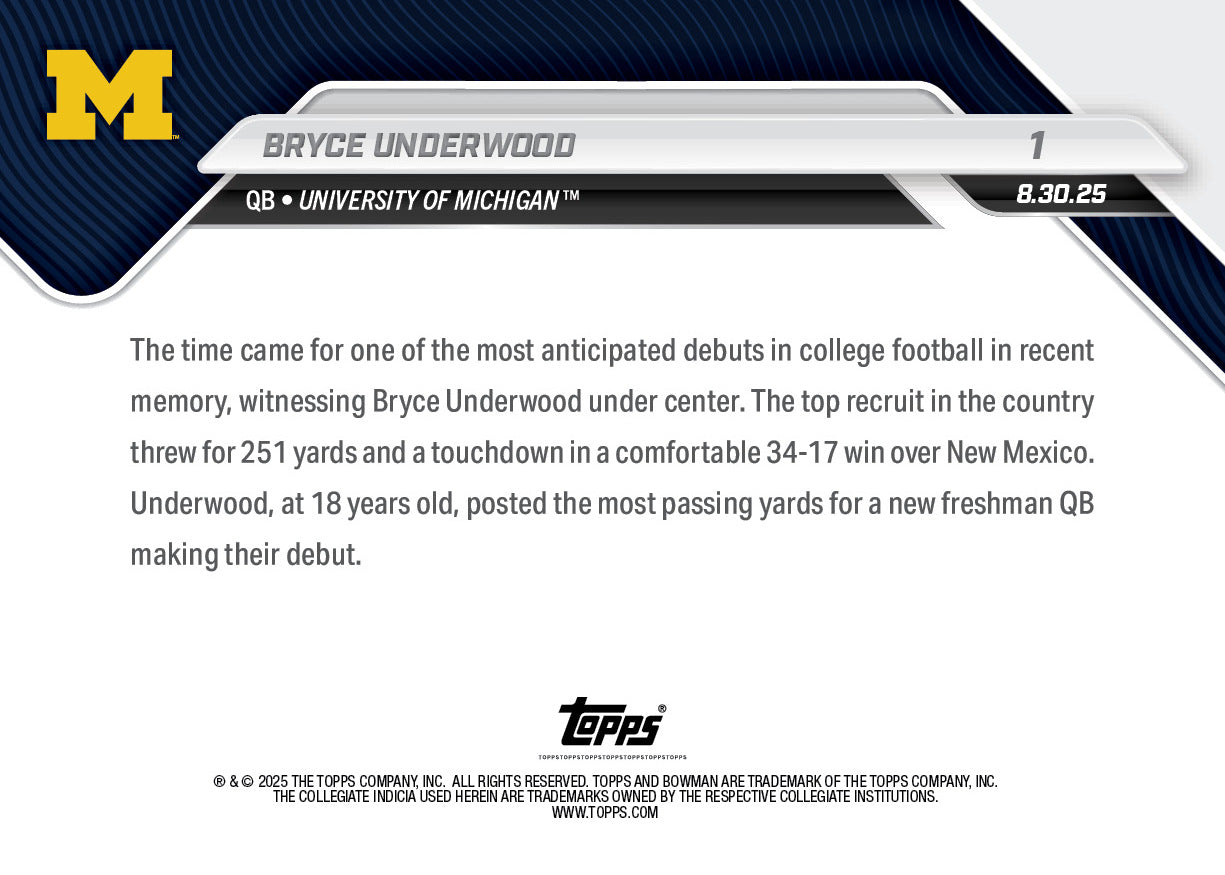 Bryce Underwood - 2025-26 Bowman U NOW Football - Card 1 - PR: 10929 - Image 3