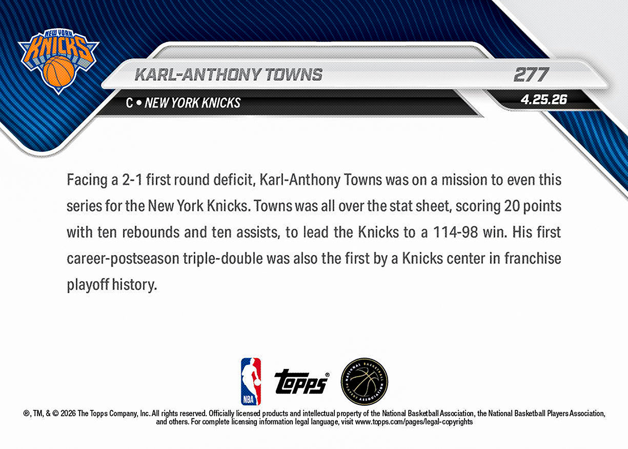 Karl-Anthony Towns - 2025-26 NBA Topps NOW - Card 277 - PR: 553 - Image 2