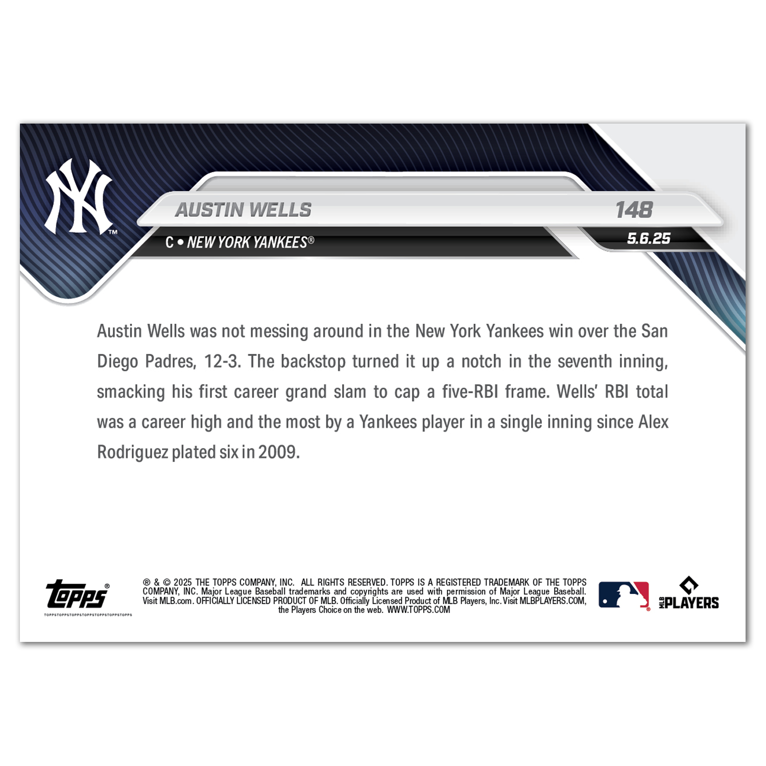 Austin Wells - 2025 MLB Topps NOW - Card 148 - PR: 813 - Image 2