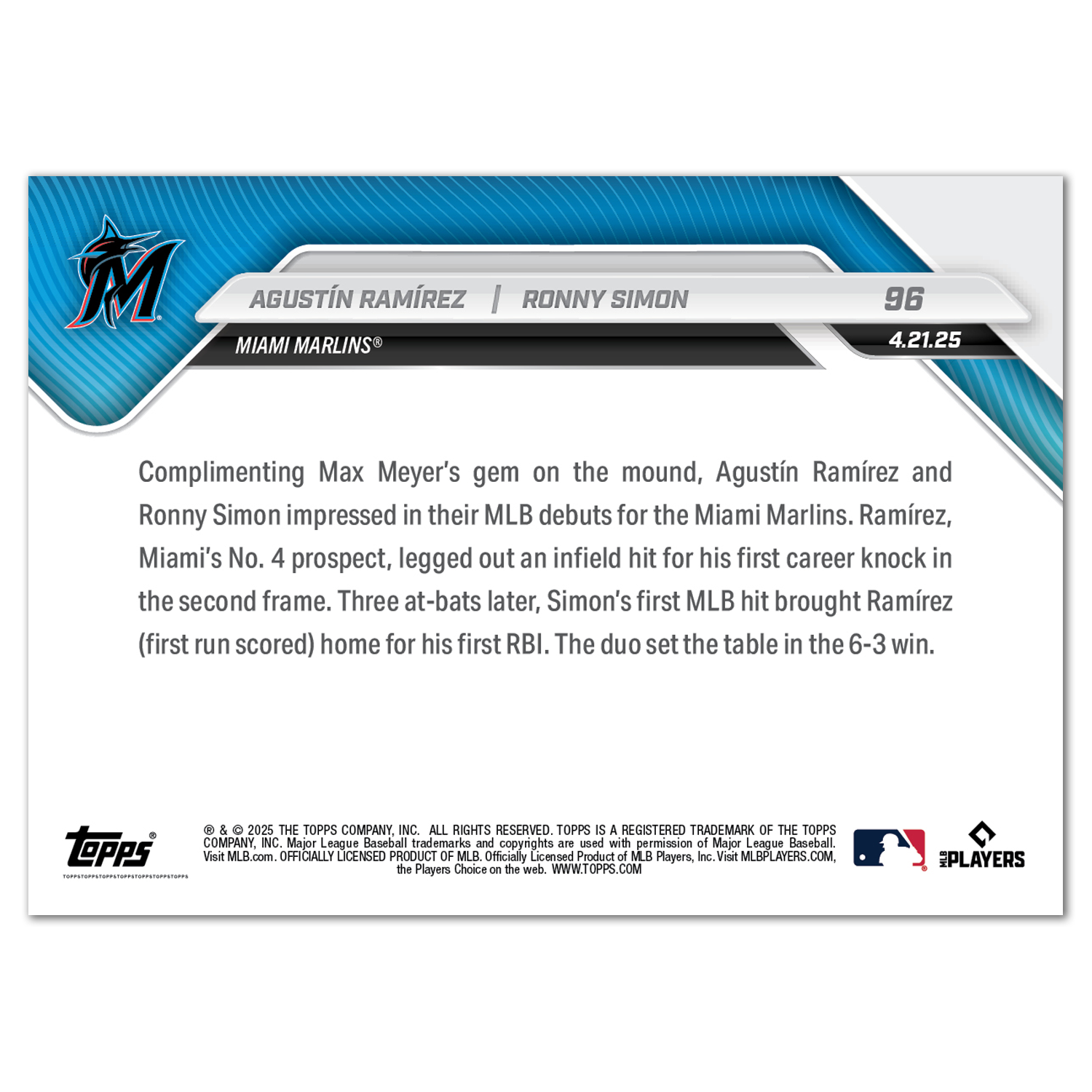 Alternative view of Agustín Ramírez/Ronny Simon - 2025 MLB Topps NOW - Card 96 - PR: 571