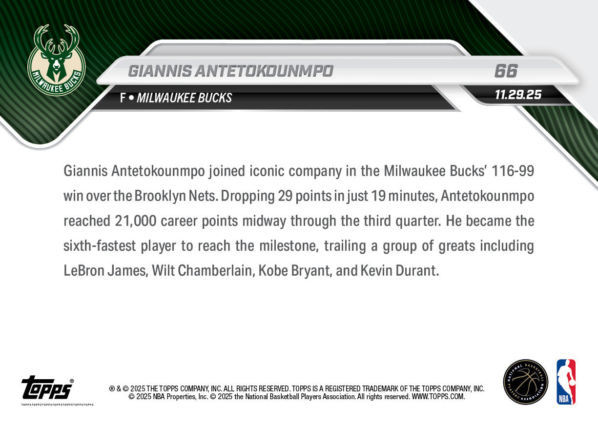 Giannis Antetokounmpo - 2025-26 NBA Topps NOW - Card 66 - PR: 1162 - Image 2