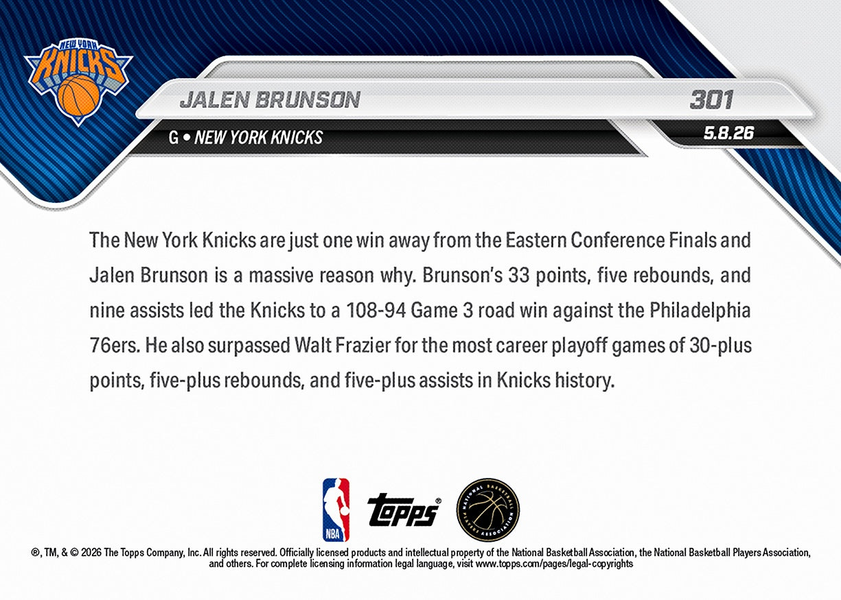 Jalen Brunson - 2025-26 NBA Topps NOW - Card 301 - PR: 2498 - Image 2