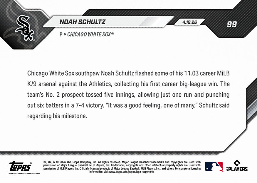 Noah Schultz - 2026 MLB Topps NOW - Card 99 - PR: 1683 - Image 2