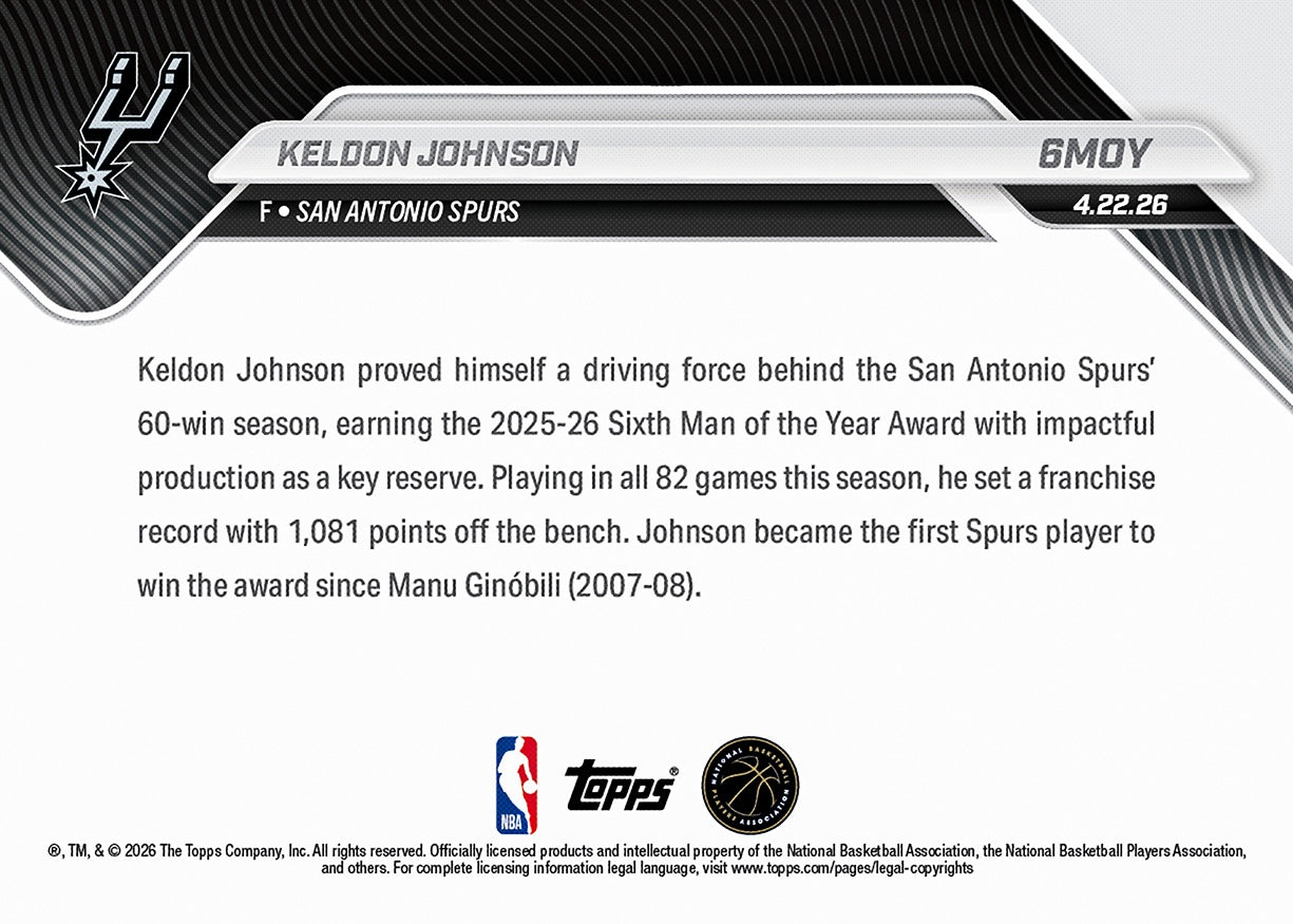 Keldon Johnson - 2025-26 NBA Topps NOW - Card 6MOY - PR: 2100 - Image 2