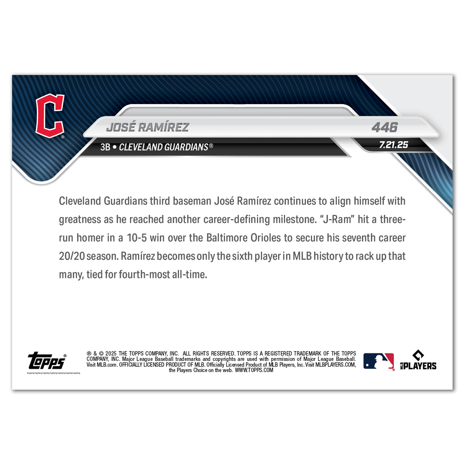 José Ramírez - 2025 MLB Topps NOW - Card 446 - PR: 647 - Image 2