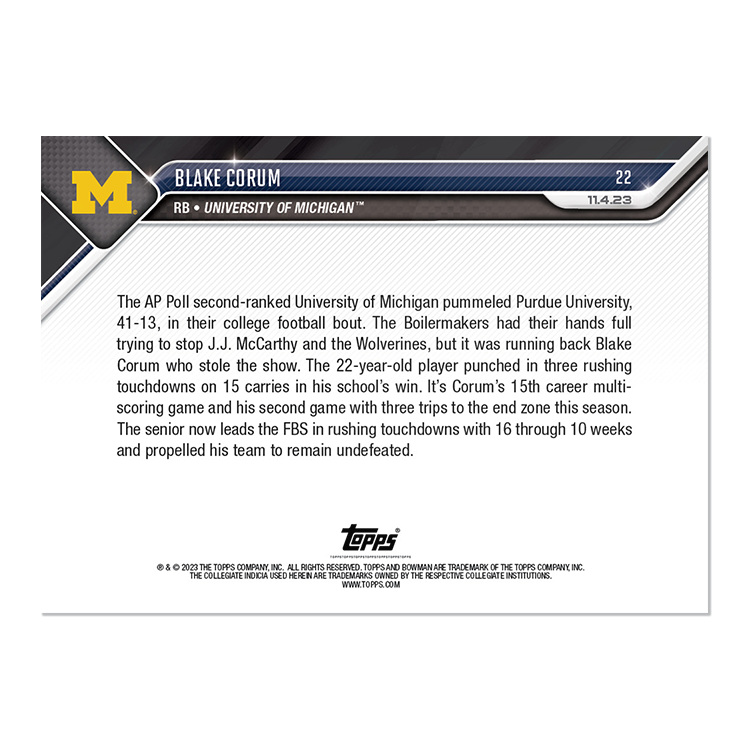 Blake Corum - 2023 Bowman U NOW Football Card 22 - PR: 734 - Image 2